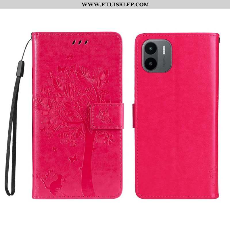 Etui Folio do Xiaomi Redmi A1 z Łańcuch Drzewo I Pasiasty Kot